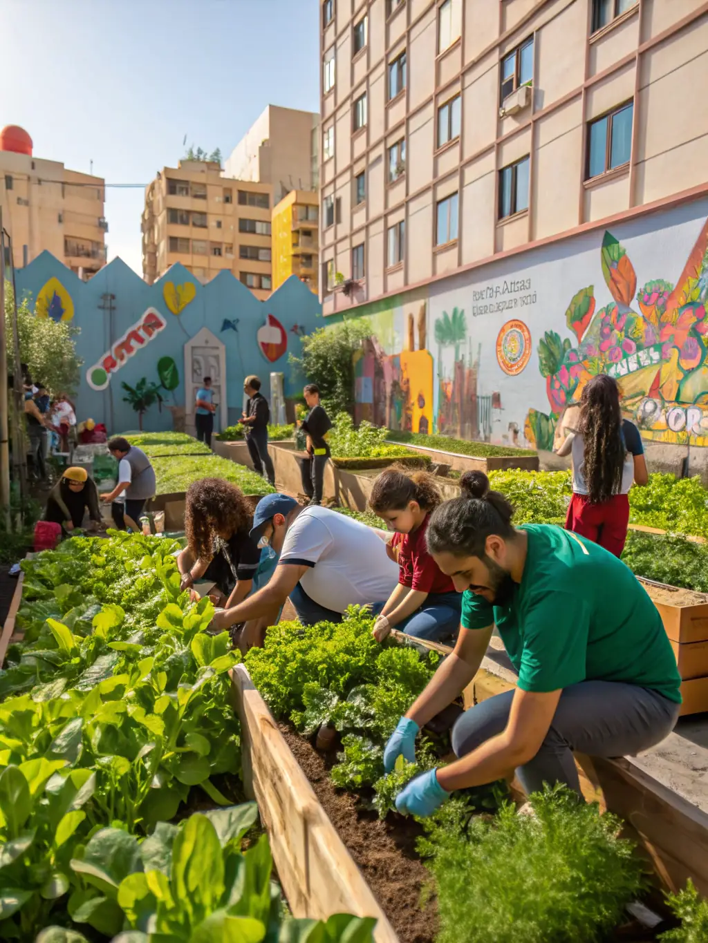 A vibrant image of a community garden, showcasing residents working together to grow fresh produce.