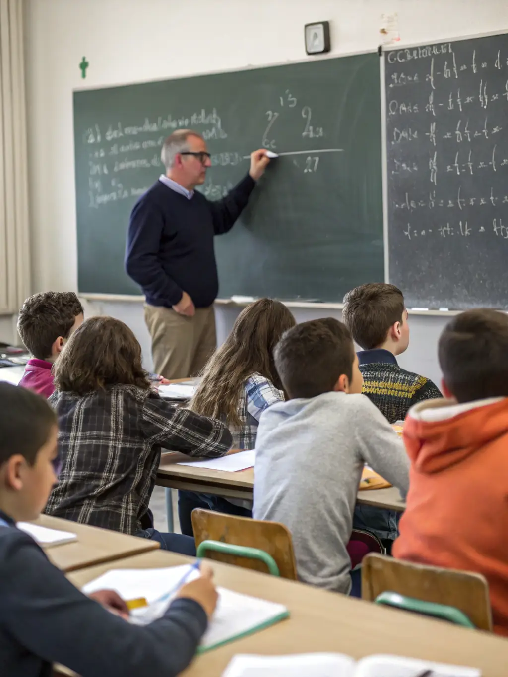 A photo of a group of adults attending a French language class, engaged in conversation and learning.