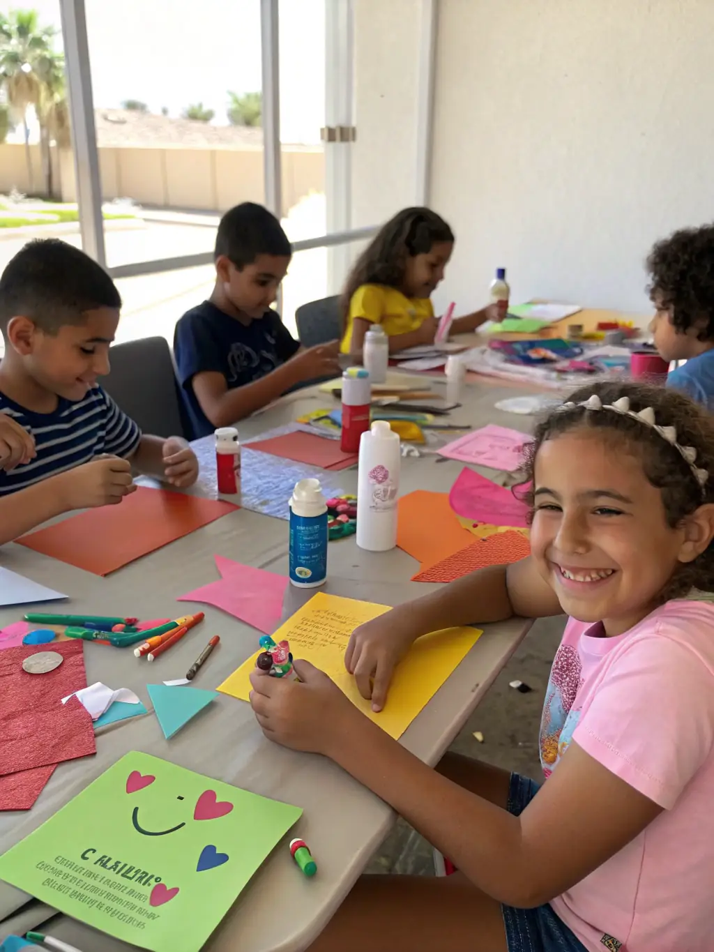A picture of children participating in an arts and crafts session, creating colorful artwork.